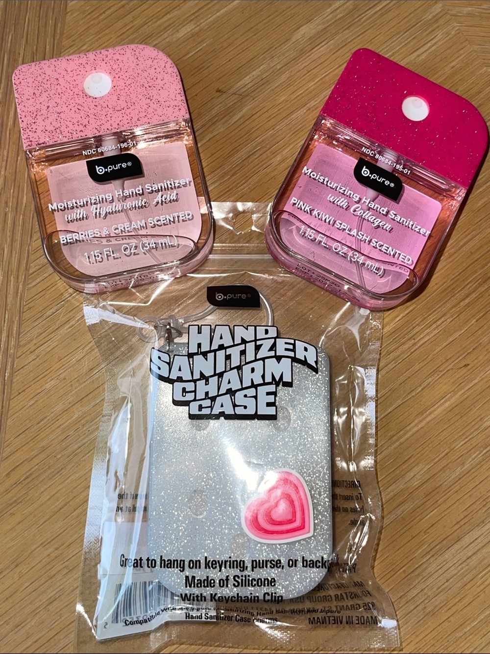 b.pure glitter top Hand Sanitizers + Glitter Heart Sanitizer charm Case NWT